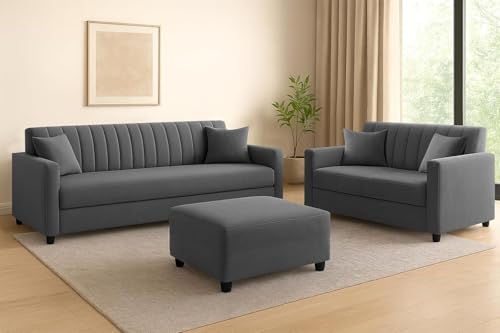 Image of 3 + 2 Seater Sofa Set Wooden Velvet Fabric 5 Seater Sofa Set & Ottoman Stylish, Comfortable Seating & Space Saving Design for Home & Office - Grey