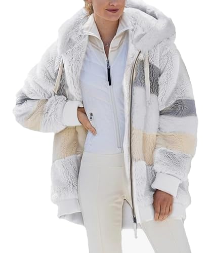 ABINGOO Damen Mantel Kapuzenjacke Winterjacke Mode Warm Hoodie Pullover Jacken Reißverschluss Plüschjacke Fleecejacke Oberteile(Weiß,L)