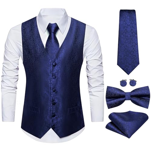 Image of Barry.Wang Men's Suit Vest Tie Bowtie Set Formal Silk Paisley Waistcoat Hanky Cufflinks Lapel Pin Set Wedding Party 7PCS