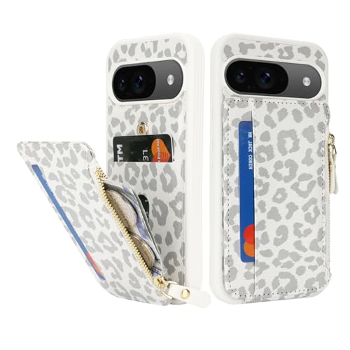 Image of Cavor for Google Pixel 9 /9 Pro Case Wallet with Card Holder, Leopard White