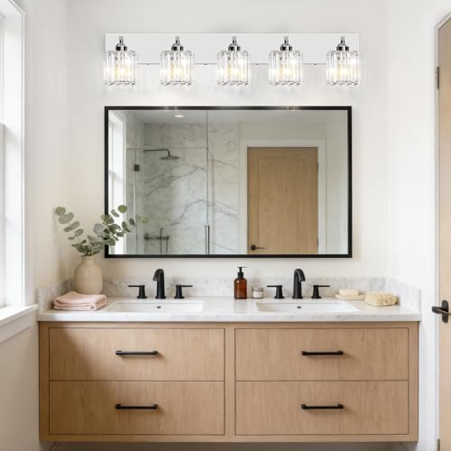 Image of Brushed Chrome Crystal Bathroom Vanity Light, 5-Light Modern Bathroom Lighting Fixtures Over Mirror,Chrome Wall Sconce Light Fixtures with Square Shade