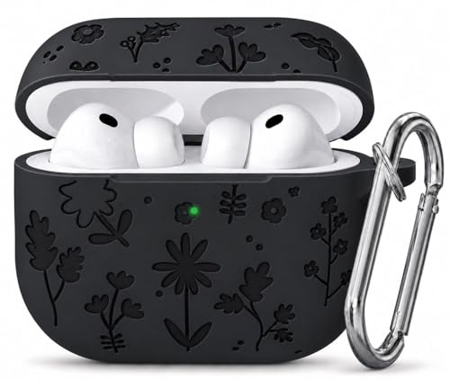 Image of Emoh Roced Case for Airpods Pro 3 with Keychain,Silicone Flower Engraved Cases Compatible with Apple AirPods Pro 3rd Generation 2025, Anti-Scratch, Protective Case Cover (Black, for AirPods pro 3)