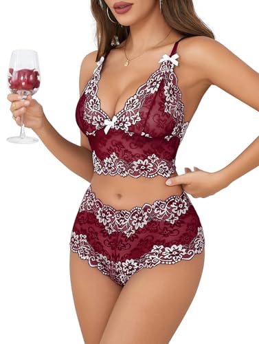 Image of Lilosy Sexy Lingerie for Women Lace Pajamas Set Cami Bra and Panty High Waist Sheer Sleepwear 2 Piece 2XS-6XL
