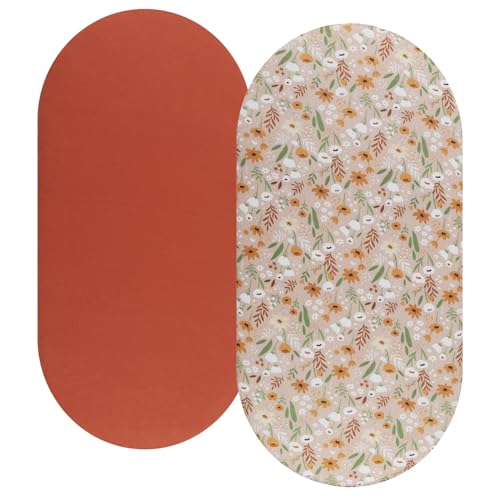 Image of Bassinet Sheet Set 2 Pack Snug Fitted Cradle Fitted Sheets, Stretchy Ultra Soft, for Oval Rectangle Hourglass Bassinet Mattress, Unisex Boy Girl, Orange & Floral