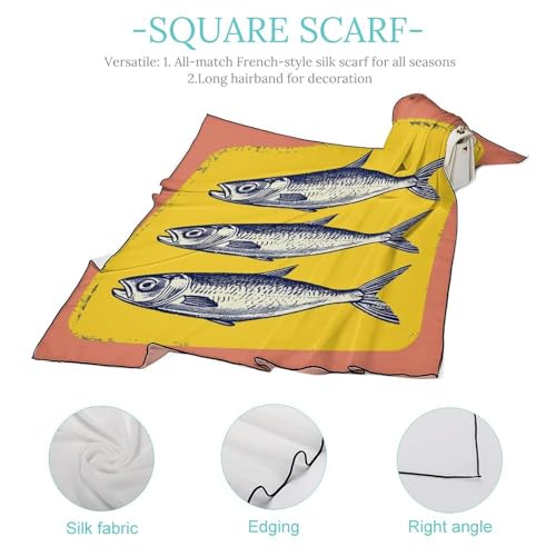 Retro Sardine Fish Women Hair Scarf Square Silk Like Head Scarves Handkerchief Satin Neck Scarf4