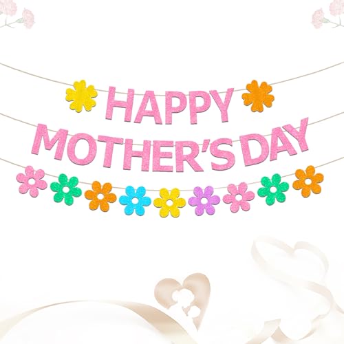 DOCIDAY Happy Mothers Day Banner Red Glittery Mom Day Decoration Tea Party Garland Decorations
