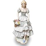 Porcelain Basket Flower Girl Figurines Bouquet Statues Ceramic Sculpture, 14 inch Lady Home Decor, Art Figure Desktop Decorations, Collectible Dress Girls, Ornaments for Home Party (Green)