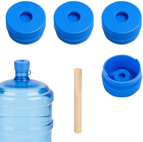 UPEOXT 4 Pack Reusable Water Jug Caps, 5 Gallon Bottle Replacement Lids, Anti Spill Snap On Top with Wooden Stick, Dispenser Cover for 3 Gal Cruche D'eau, Bouteille Accessories