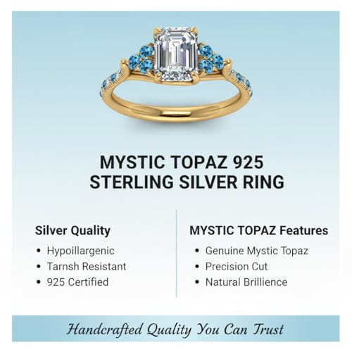 Image of Choose Your Gemstone Emerald Cut Petite Cathedral Diamond CZ Ring Yellow Gold Plated Emerald Shape Petite Engagement Rings for Women, Girls and Ladies US Size 4 to 12