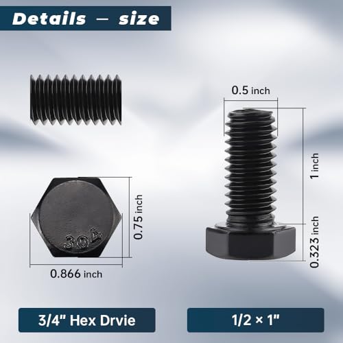 Image of Glvaner 1 /2-13 x 1 Stainless Steel Hex Head Screws Bolts, Black Coated, 304 Stainless Steel 18-8, Hexagon Head Bolts, Full Thread, 6 pcs