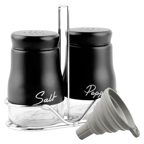 Fyfjur Salieres Et Poivrieres, 1 Ensemble Saliere Et Poivriere De Table En Acier Inoxydable, Salière avec Support et Entonnoir en Silicone, Saliere Pour Sucre, épices, Sel Et Poivre, Argent, Noir
