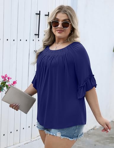 Image of Micoson Womens Plus Size Tops 3 /4 Ruffle Sleeve Crewneck Pleated Shirts