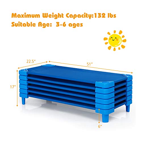 KOTEK Stackable Sleeping Daycare Cots for Kids, Portable Toddler Nap Cots, 52" L x 23" W, Ready-to-Assemble, Space-Saving Children Naptime Cot for Classroom Preschool (Set of 6, Blue)