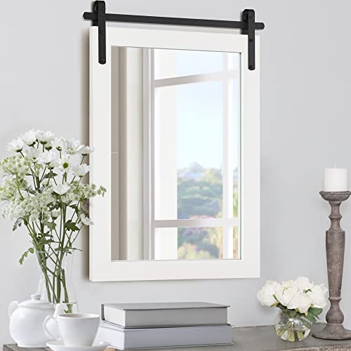 Kartoosh White Farmhouse Wall Mirror Barn Door Style Rectangle Solid Wood Frame Mirror Rustic Wall Mounted Mirror For Bathroom, Entryway, Living Room, Dining Room, Wall Decor, 24 X 36 Inches #TOP3