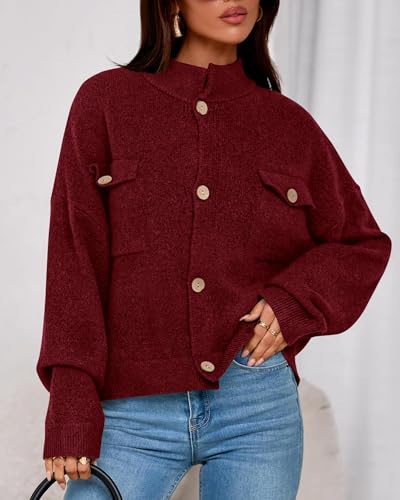 KIRUNDO Cardigans for Women Trendy Button Up Sweater Jackets Mock Neck Long Sleeve Loose Fit Chunky Knit Outwear Coats(Burgundy, XX-Large) — view 6