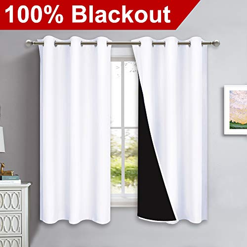 Image of NICETOWN Pure White 100% Blackout Lined Curtains, 2 Thick Layers Completely Blackout Window Treatment Panels Thermal Insulated Drapes for Kitchen (1 Pair, 42-inch Width x 63-inch Length Each Panel)