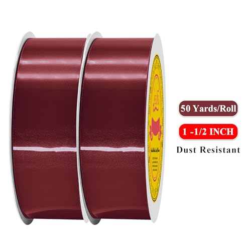 Image of 100 Yards Cherry Red Satin Ribbon Polyester Ribbon for Gift Wrapping Very Suitable for Weddings Party Hair Bow Invitation Decorations and More（1-1 /2 inch X 50Yards X 2 Roll）