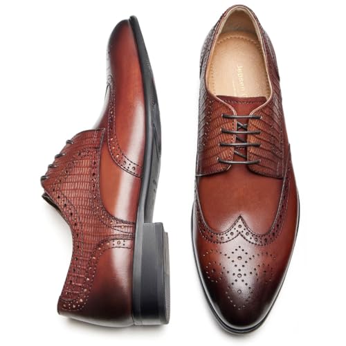 Image of Men's Dress Shoes, Genuine Leather Oxford Shoes for Men, Wingtip Brogue and Plain Toe Lace Up Formal Business Wedding Derby Shoes