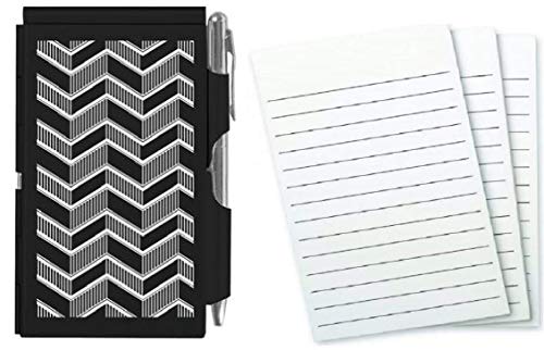 Wellspring Metal Flip Note Case With Pen and 3 Pack Refill, Bundle Black Zig Zag
