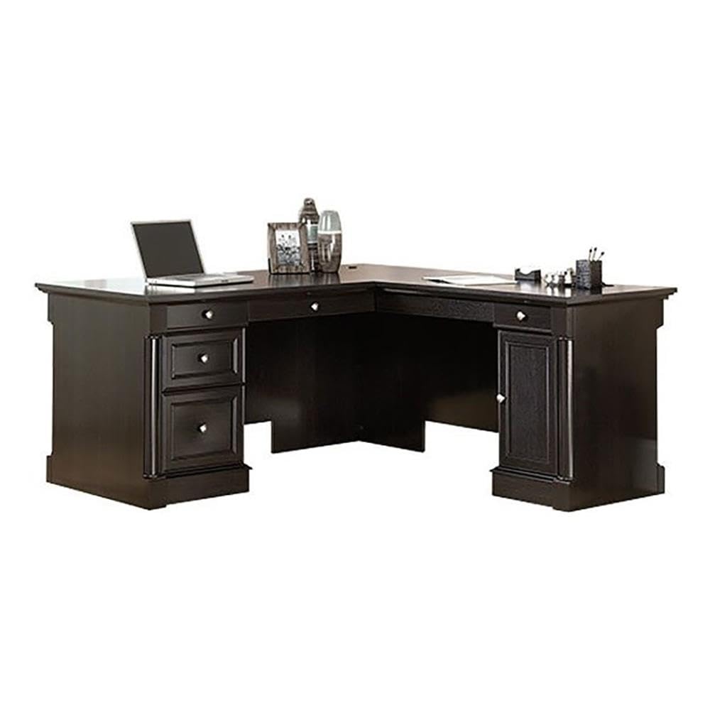 Pemberly Row Contemporary Engineered Wood L-Shaped Computer Desk with 3 Drawers, Flip-Down Panel, Grommet Holes, for Office Space, in Wind Oak Finish