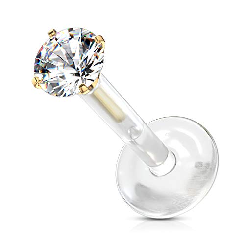 Tata Gisèle Piercing Labret Monroe en Acier Chirurgical 316L, Bio Flex et Oxyde de Zirconium - Zircon Rond Serti sur Tige d'acier à Pousser sur Une Base Bio...