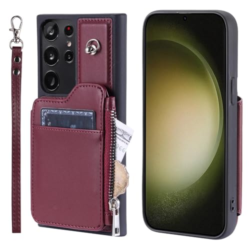 Housse portefeuille pour Galaxy S22 Plus rangement cartes et monnaie zippé rouge
