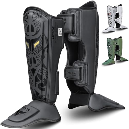 Espinilleras Boxeo Hombre y Mujer Protectores de Espinilla y Empeine con Protección de Espuma EVA, Correas Ajustables y Bandas Elásticas para el Pie Espinilleras Muay Thai & MMA (Negro, S/M)