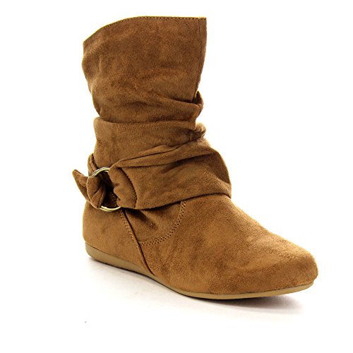 Forever Selena-58 Women's Fashion Mid Calf Flat Heel Side Zipper Slouch Boots,Tan,7