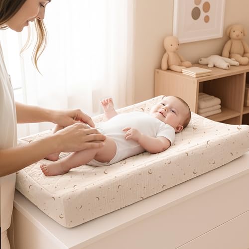 Image of Konssy Waterproof Muslin Changing Pad Cover 2 Pack, Quilted Cotton Fitted Diaper Changing Table Cover, Soft Changing Pad Sheets for Girls Boys (Coffee Check,Moon)