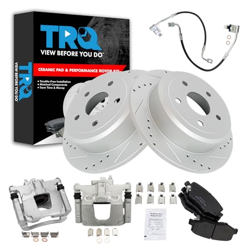 Image of TRQ Performance Rear Brake Pad and Rotor Set Ceramic Drilled Slotted Rotors Calipers Hoses Compatible with 2008-2012 Jeep Wrangler