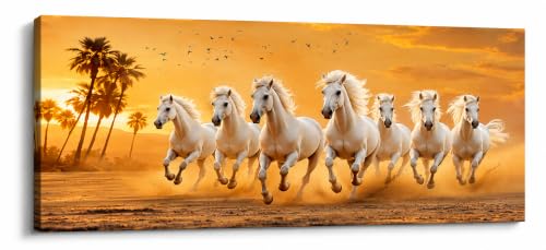 Image of 7 Horse Vastu Sunrise Canvas Painting | Positive Energy Wall Decor | Big Size Premium Running Horses Artwork for Home, Office & Hall Decoration (Modern, Sky Horse, 44x20 Inch)