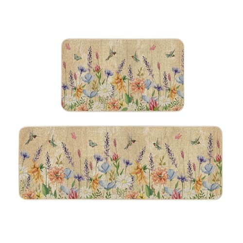 Moutina Wildflower Hummingbird Floral Kitchen Rugs Set of 2, Spring Summer Home Decor Low-Profile Kitchen Mats for Floor - 17x29 and 17x47 Inch