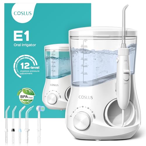 COSLUS E1 Electric Water Flosser for Teeth: Professional Dental Pick for Orthodontic, Sensitive Gums, Braces - 12 Pressure Settings & ​​5 Multi-Functional Tips for Multiple Users, Home Use, White