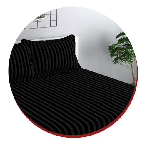 Image of Cotton Feel Glace Cotton Elastic Fitted Printed King Size Double Bed Bedsheet with 2 Pillow Cover(72 inchx78 inch, Stirped Blackt)