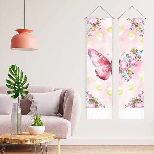PLIGREAT 2 Pack Pink Butterfly Tapestry Aesthetic Wall Tapestry for Bedroom Bathroom Living Room Vintage Moon Phase Vertical Wall Hanging with Tassel Home Art Decor Housewarming Gift 52"x13"/130x33 cm - Image 2