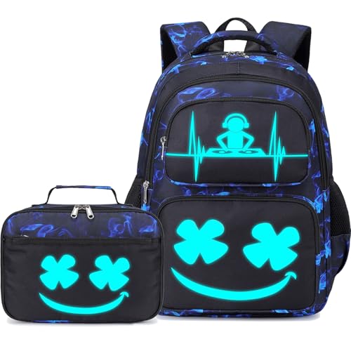 AUIVTY Boys Backpack with Lunch Box Glow in Dark Kids Ages 4-12 Kindergarten Elementary Middle School Teens Bookbag Mochilas Para Nios Luminous Face Black Blue