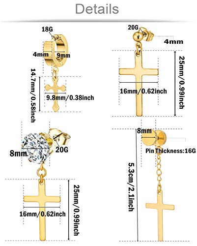 4 Pairs Stainless Steel Dangle Hinged Hoop Earrings Huggie Earrings Piercing CZ Stud for Men Women Silver Gold Black Tone2