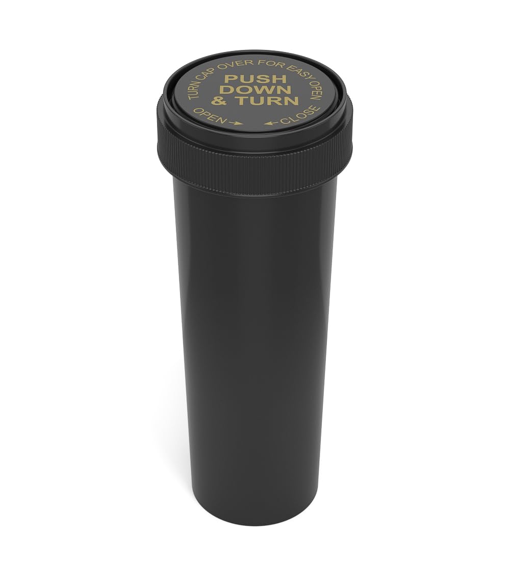 100 Pcs - 60 Dram Black Prescription Empty Medicine Pill Bottles with Reversible Child Resistant Caps - Push