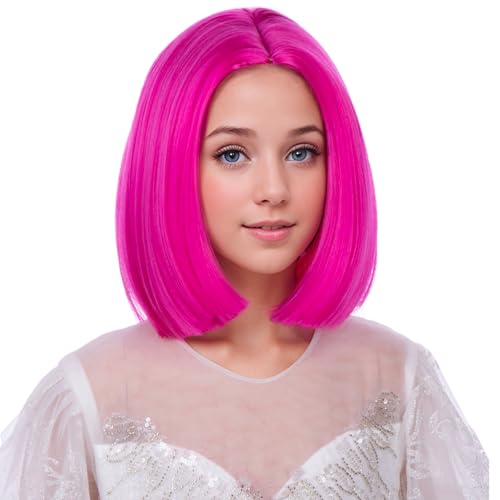 Image of Hot Pink Wig Neon Pink Wig Magenta Short Middle Part Wigs for Womens Synthetic Wigs for Daily Party Halloween Use
