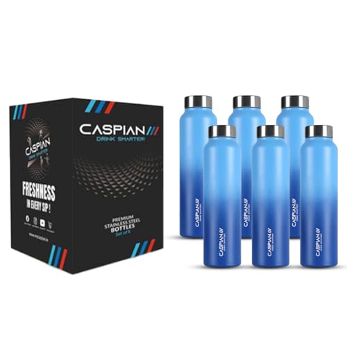 Image of CASPIAN / / / Astra ISI Certified Stainless Steel Water Bottle 1ltr. (M Blue, 1 Litre, Set of 6) | Leak Proof Thunder for Fridge Home Office Travel School Kids Boys Girls Adults Sports Gym Yoga|BPA Free