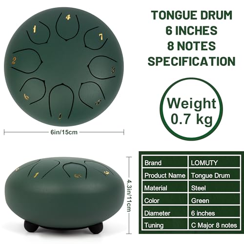 Miniatura 3 de Lomuty 6 Pulgadas 15 Cm Tambor De Lengua De Acero-8 Notas Clave C Instrumento De Percusión - Hand Pan Drum Con Bolsa De Tansporte, Partitura, Baquetas, Púas De Dedo Verde