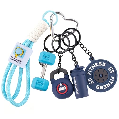 ALIBBON Gym Dumbbell Keychain Silicone Kettlebell Weight Plate Sport Bottle Bags Charms with Metal Clasp and Lanyard Car Key Chain Workout Keychain Accessories Gym Gifts for Fitness Women Man (Blue)