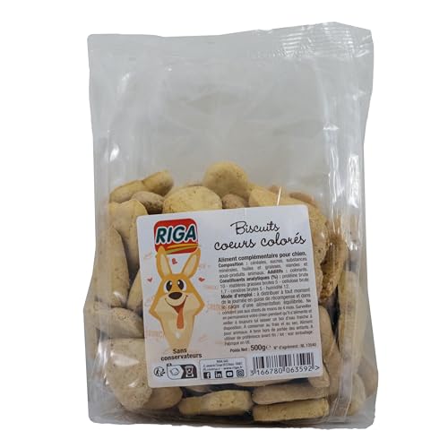 Riga - Biscotti Cuori Colorati - Dolcetto per cani - Biscotti gustosi - Poveri grassi - Dolcetto equilibrato - Premio per cani - 500 g