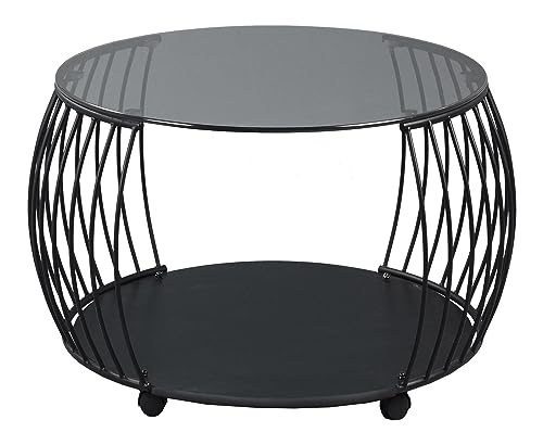Möbel Jack Couchtisch mit Rollen und Zwischenablage - Glasplatte - MDF - Metallgestell - Grau - Schwarz - Ø 60 x 45 cm - Wohnzimmertisch Sofatisch