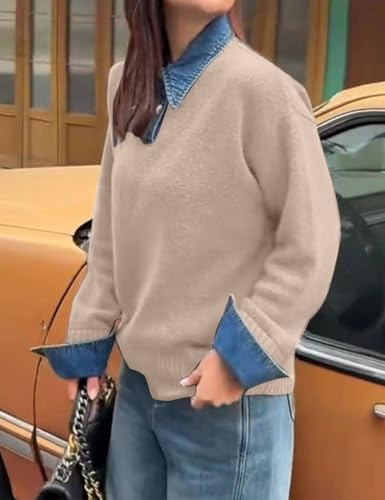 Image of Womens Denim Lapel Sweater Oversized Long Sleeve Button Down Polo Knit Pullover Sweaters 2025 Fall Outfits
