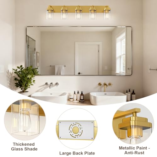 Image of Brushed Gold Bathroom Light Fixtures, 5 Lights Bathroom Lighting Fixtures Over Mirror, Square Design & Rectangle Large Backplate, Modern Vanity Lighting Fixtures, for Living Room /Bedroom