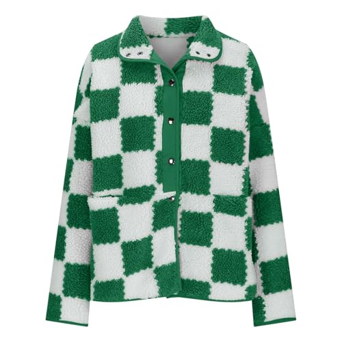 Sherpa Jacket Women Fashion 2024 Checkered Color Block Button down Long Sleeve Lapel Fleece Coat Casual Warm Outwear4