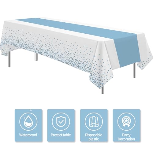 Image of White and Blue Party Decorations Tablecloth, 3 Pack Disposable Light Blue Dot Table Cover Printed Table Runner for Birthday Baby Bridal Shower Wedding Anniversary Graduation, 86in x 55in