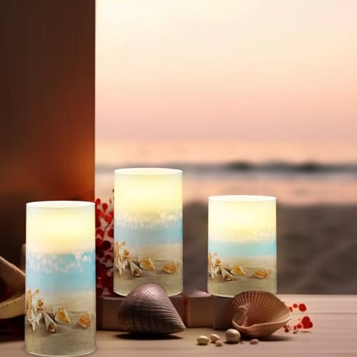 Image of Tujoe 3 Pcs Summer Starfish Flameless Candles LED Battery Pillar Candles Set Battery Operated Flickering Gifts with Remote Starfish Decorations for Holiday