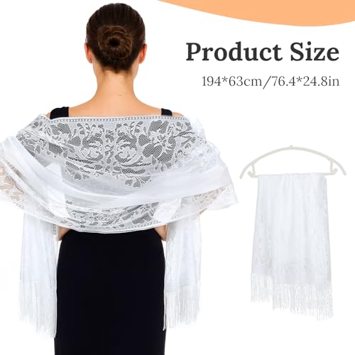 White Shawl for Women, Sheer Floral Lace Shawl with Tassels, Mesh Wedding Formal Evening Party Dresses2